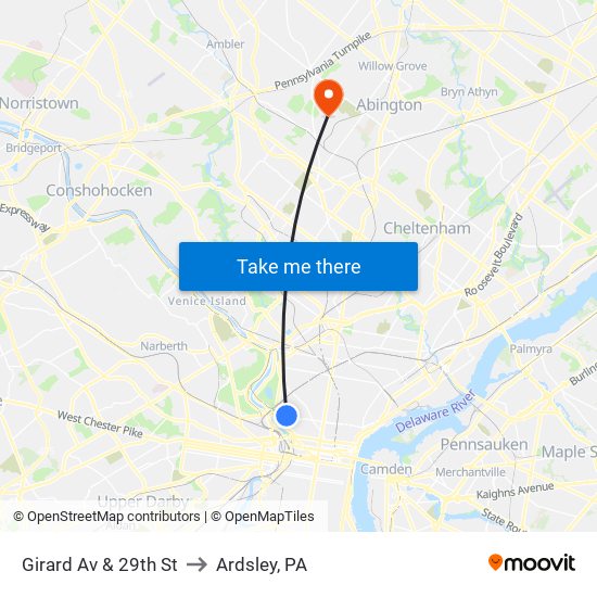 Girard Av & 29th St to Ardsley, PA map