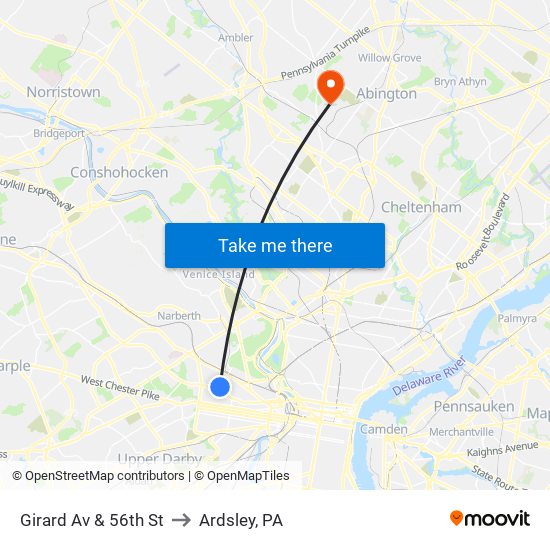 Girard Av & 56th St to Ardsley, PA map