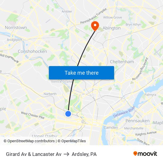 Girard Av & Lancaster Av to Ardsley, PA map