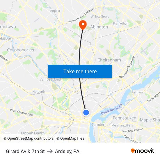 Girard Av & 7th St to Ardsley, PA map