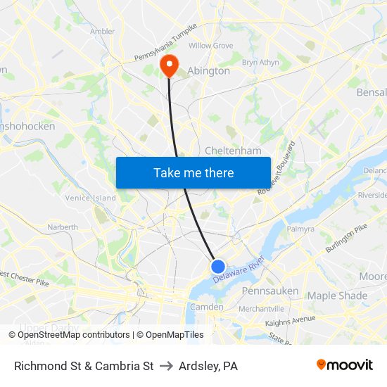 Richmond St & Cambria St to Ardsley, PA map