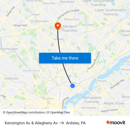 Kensington Av & Allegheny Av to Ardsley, PA map