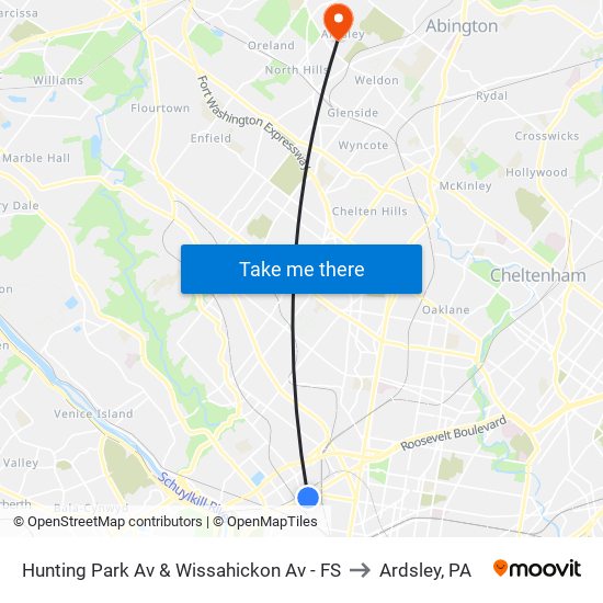 Hunting Park Av & Wissahickon Av - FS to Ardsley, PA map