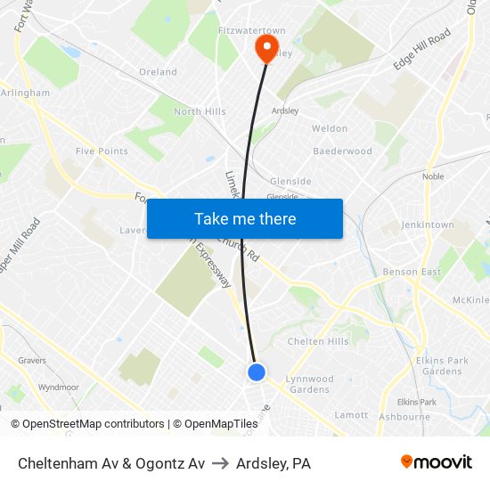 Cheltenham Av & Ogontz Av to Ardsley, PA map