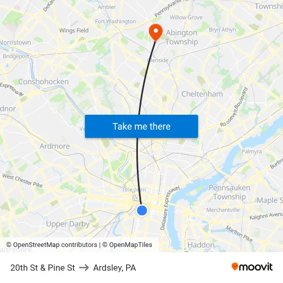 20th St & Pine St to Ardsley, PA map