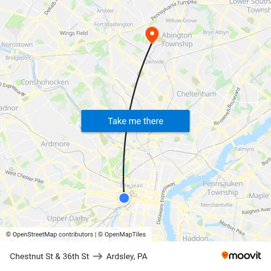 Chestnut St & 36th St to Ardsley, PA map