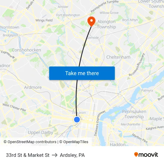 33rd St & Market St to Ardsley, PA map