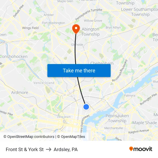 Front St & York St to Ardsley, PA map