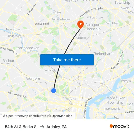 54th St & Berks St to Ardsley, PA map