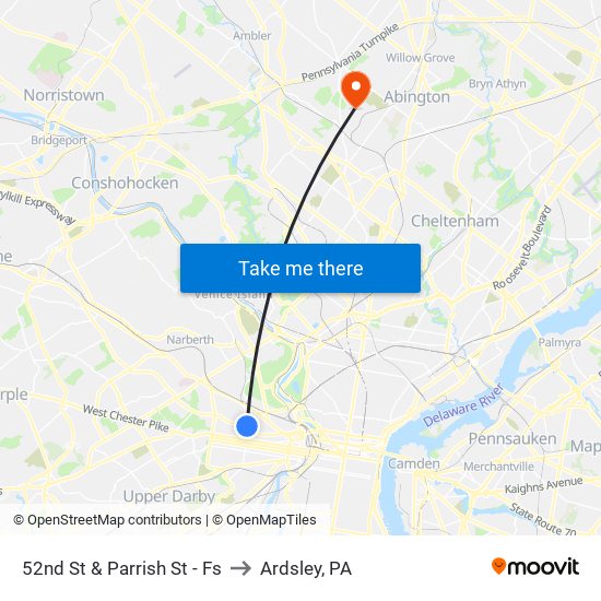52nd St & Parrish St - Fs to Ardsley, PA map
