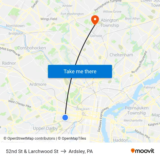 52nd St & Larchwood St to Ardsley, PA map