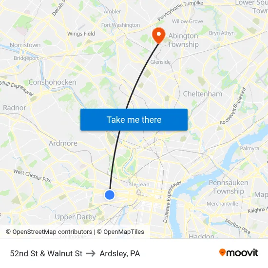 52nd St & Walnut St to Ardsley, PA map