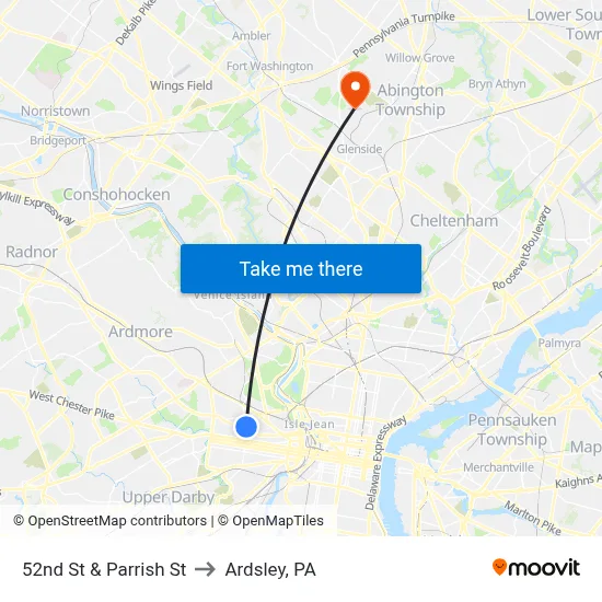 52nd St & Parrish St to Ardsley, PA map