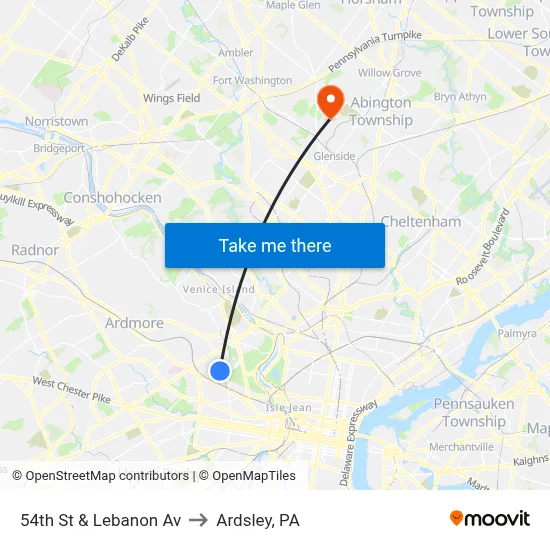 54th St & Lebanon Av to Ardsley, PA map