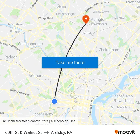 60th St & Walnut St to Ardsley, PA map