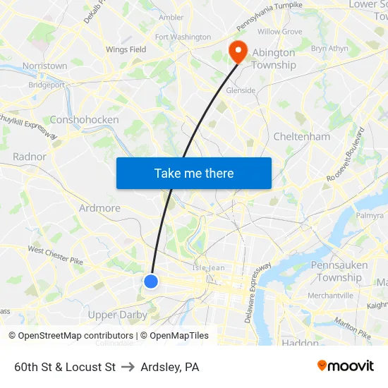 60th St & Locust St to Ardsley, PA map