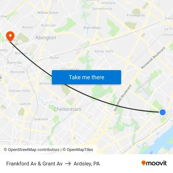 Frankford Av & Grant Av to Ardsley, PA map