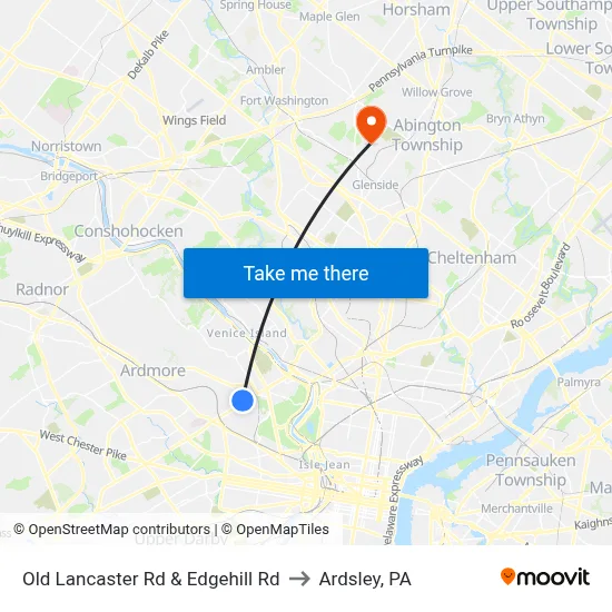 Old Lancaster Rd & Edgehill Rd to Ardsley, PA map