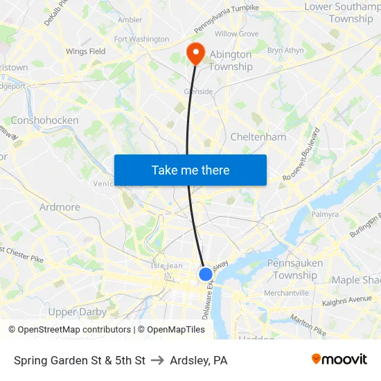 Spring Garden St & 5th St to Ardsley, PA map