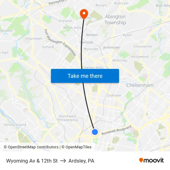 Wyoming Av & 12th St to Ardsley, PA map