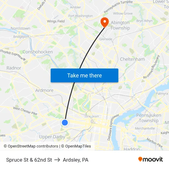 Spruce St & 62nd St to Ardsley, PA map