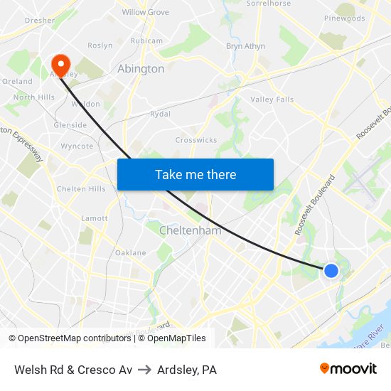 Welsh Rd & Cresco Av to Ardsley, PA map