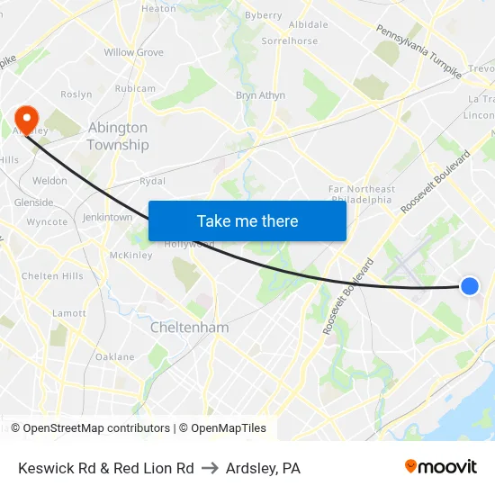 Keswick Rd & Red Lion Rd to Ardsley, PA map