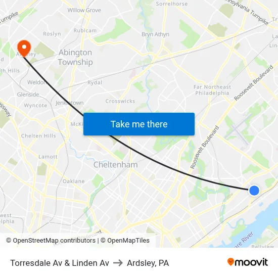 Torresdale Av & Linden Av to Ardsley, PA map
