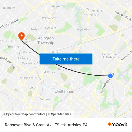 Roosevelt Blvd & Grant Av - FS to Ardsley, PA map