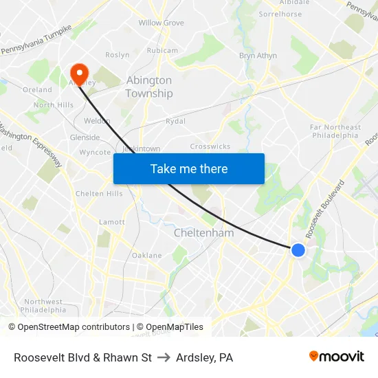 Roosevelt Blvd & Rhawn St to Ardsley, PA map