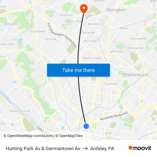 Hunting Park Av & Germantown Av to Ardsley, PA map