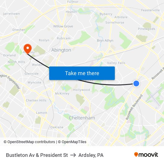 Bustleton Av & President St to Ardsley, PA map