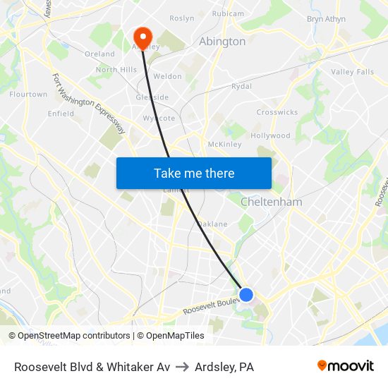 Roosevelt Blvd & Whitaker Av to Ardsley, PA map