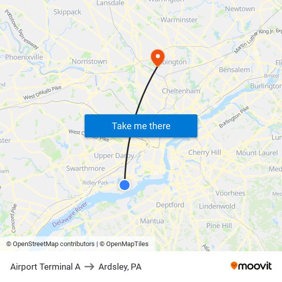 Airport Terminal A to Ardsley, PA map