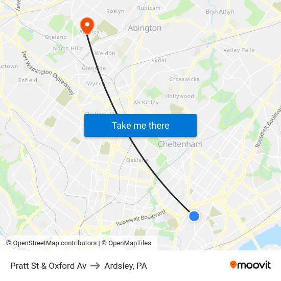 Pratt St & Oxford Av to Ardsley, PA map