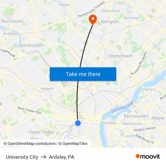 University City to Ardsley, PA map