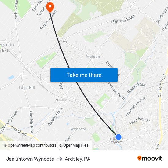 Jenkintown Wyncote to Ardsley, PA map