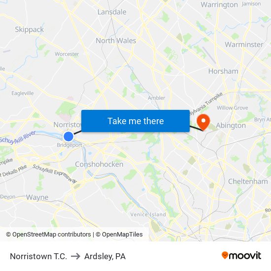 Norristown T.C. to Ardsley, PA map