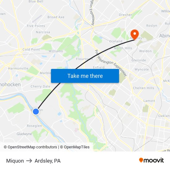 Miquon to Ardsley, PA map