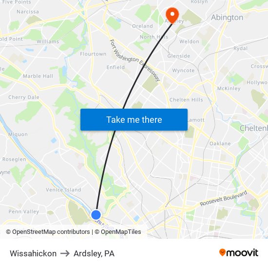 Wissahickon to Ardsley, PA map