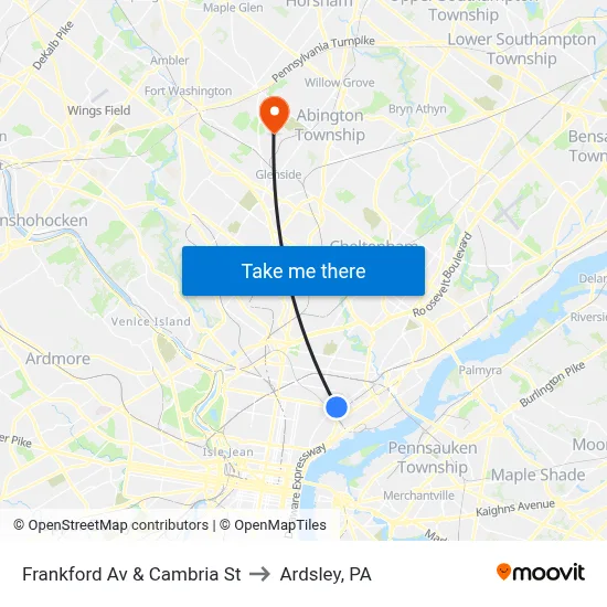 Frankford Av & Cambria St to Ardsley, PA map