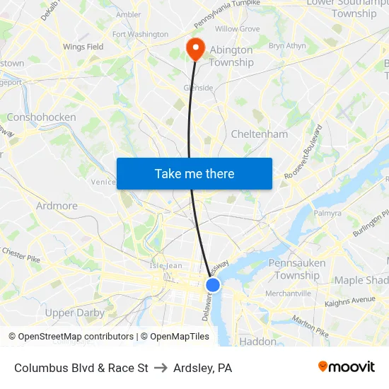 Columbus Blvd & Race St to Ardsley, PA map