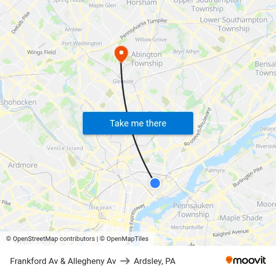 Frankford Av & Allegheny Av to Ardsley, PA map