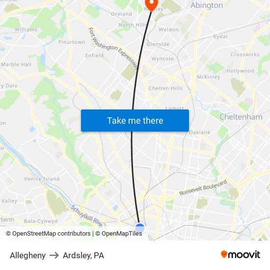 Allegheny to Ardsley, PA map