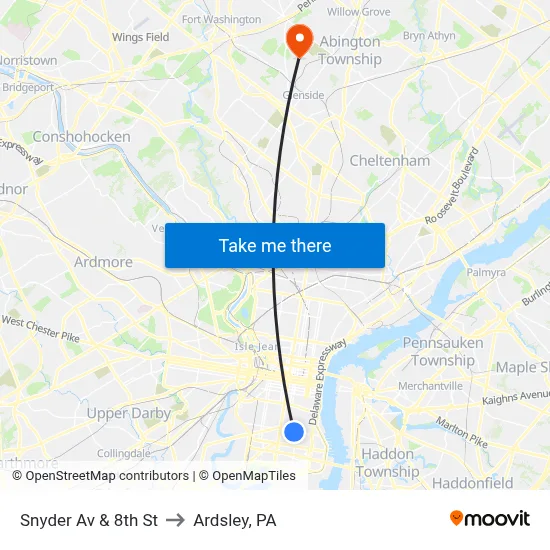 Snyder Av & 8th St to Ardsley, PA map