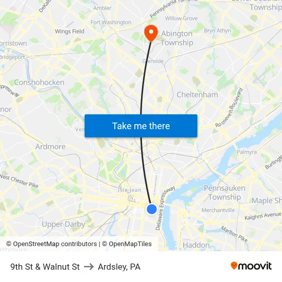 9th St & Walnut St to Ardsley, PA map