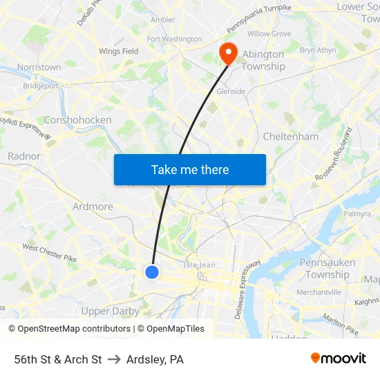 56th St & Arch St to Ardsley, PA map