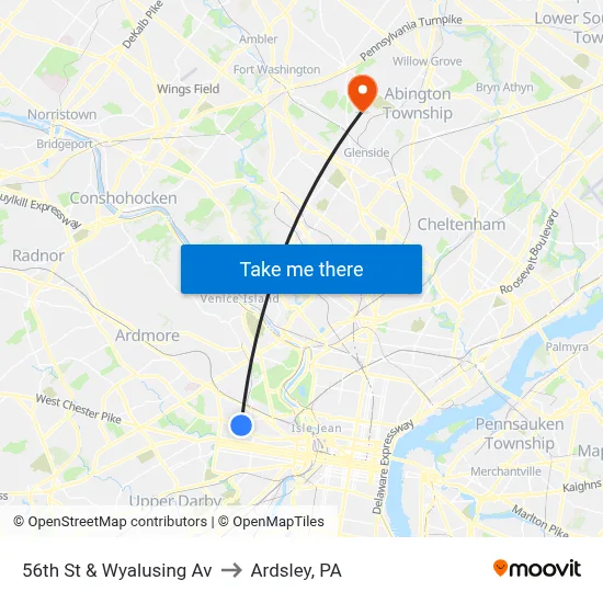 56th St & Wyalusing Av to Ardsley, PA map