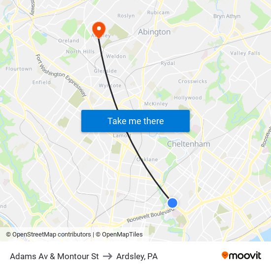 Adams Av & Montour St to Ardsley, PA map