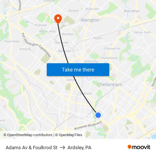 Adams Av & Foulkrod St to Ardsley, PA map